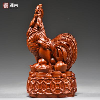 花鸡木工雕鸡摆GG01294件三合十二生肖实木家梨居客厅办公补角吉