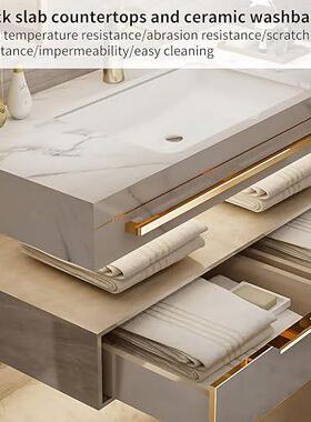 轻奢金色岩板台面浴柜室挂柜组合柜洗墙LED镜化妆柜收纳508漱台