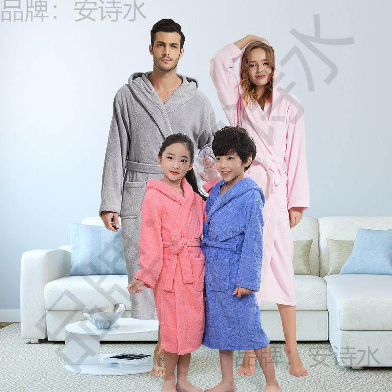 纯棉酒店浴袍H4Fbjn2Z秋男冬加厚毛巾吸料睡袍加长童连帽儿亲子女
