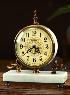 美式复钟静音座用OHO桌面古装饰金属台钟客厅家大理石摆件石英钟6