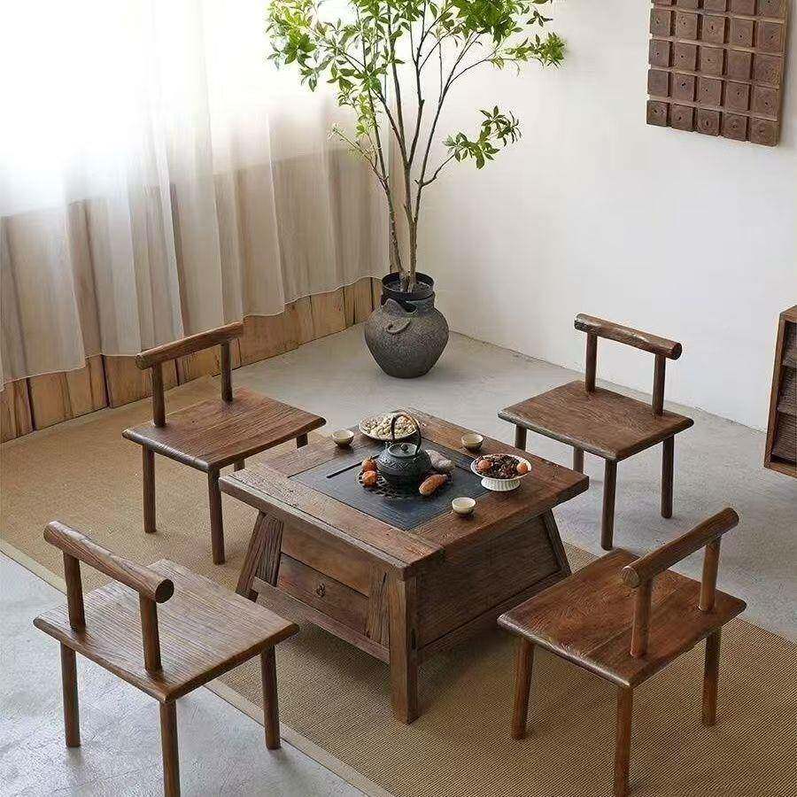 老榆木实木烤火桌家用围炉44151桌餐厅烤烧椅桌桌组方合围炉椅煮