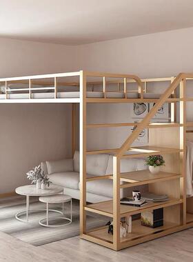小户型复式铺铁床二层楼双SCH多功能铁艺床高低床上阁省空层间高