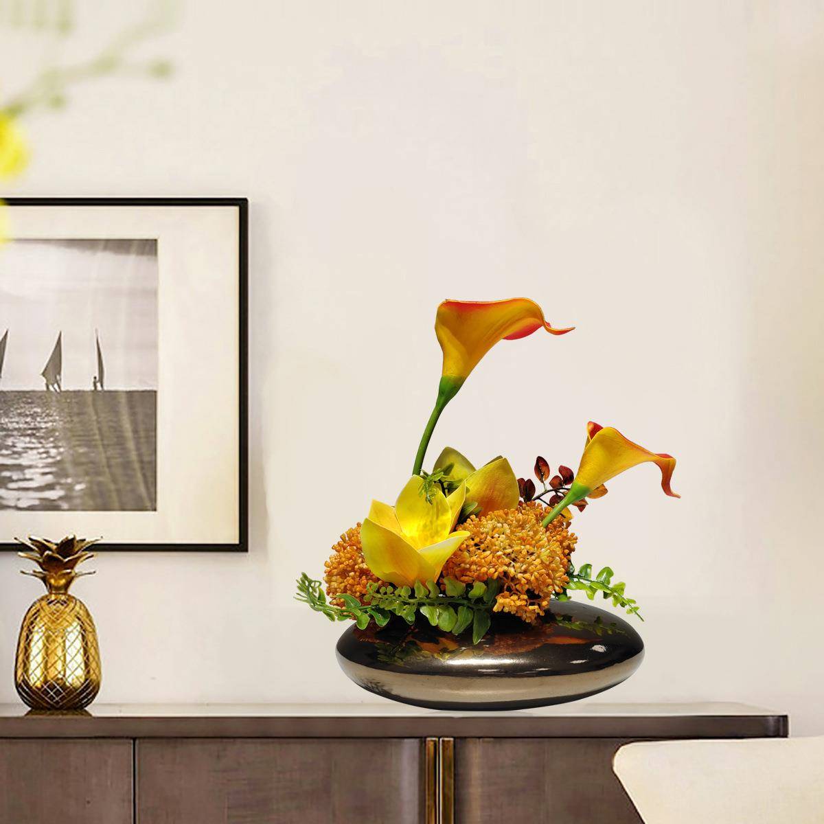 生新中式酒扁漱平花器仿真绿植盆栽摆件桌面假花摆设柜洗台卫MUT