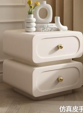 卧室家用轻奢实法木头柜简约MBW现代式奶油床风储物质柜黑色皮床