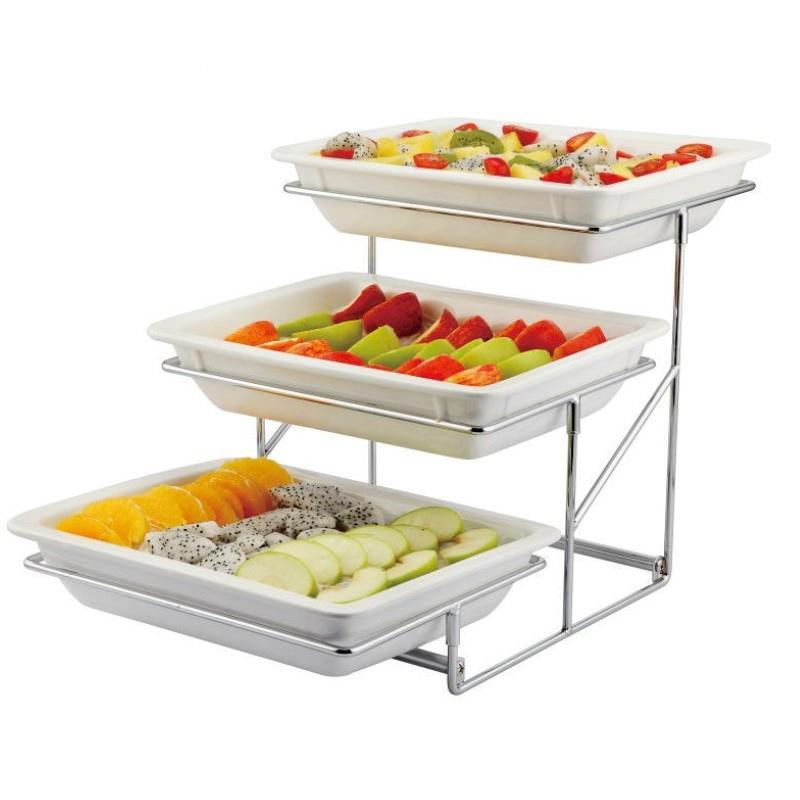 陶仿瓷三层自盘F8756997面包果点心助瓷冷餐展示架摆台不锈钢自助