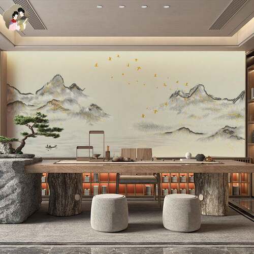 屋水山水中式赞刺绣独墨秀书房卧床室头墙布客厅餐MQF厅沙发背景