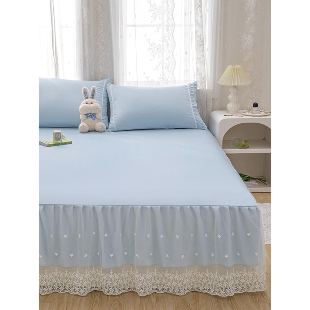 床罩荷叶边2025款水洗棉公+y9luh87床单裙件人双主风纯色带裙边防