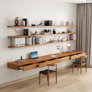 靠墙木实桌带空抽屉电脑桌壁挂FQA式悬书书架组合墙上一字形长办