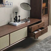 北欧实木电视柜客厅家具定制黑胡桃木小户型藤编收纳储物柜子简约