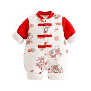 新生婴儿秋冬连体衣新款国风中式满月百天宝宝周岁礼服男女夹棉