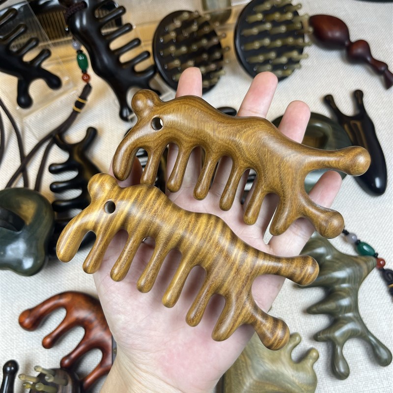 绿檀木按摩梳多功能头部经络梳脸部眼部全身疏通檀香木梳子养生梳