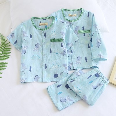 米筱米男童春夏薄款纯棉纱布恐龙三件套睡衣套装宝宝家居服空调服