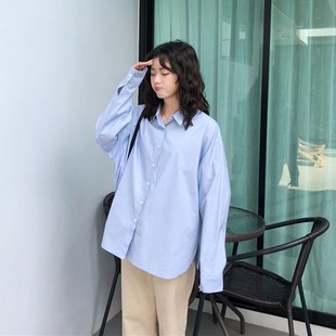 淡蓝色廓形天蓝色衬衫 奶油蓝衬衣外套 女小清新宽松休闲polo领长袖