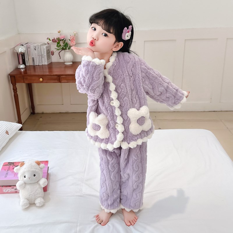 女童睡衣2024秋冬新款女宝珊瑚绒紫色花朵麦穗保暖棉服法兰绒套装