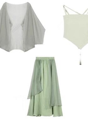 大码胖mm禅意新中式国风绿色吊带背心开衫半身裙女改良汉元素套装