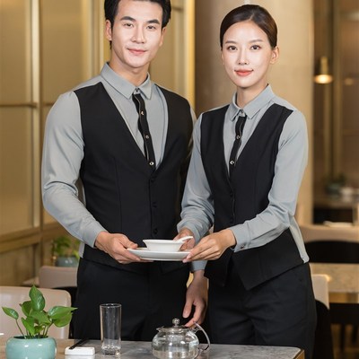 餐饮服务员工作服秋冬KTV酒吧马甲衬衣酒店西餐咖啡厅假两件长袖