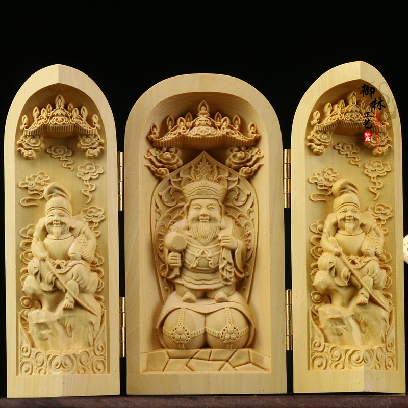 小叶黄杨木雕西方三圣佛像观音摆件实木随身佛三开盒工艺礼品包邮