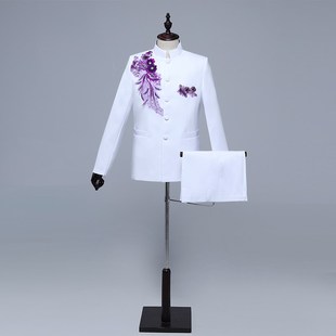 成人男士青年中山装红歌大合唱演出服装年会舞台装主持人歌手亮片