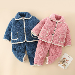 儿童冬款加绒加厚睡衣0一1岁婴儿2男孩女童3三层夹棉5法兰绒7套装