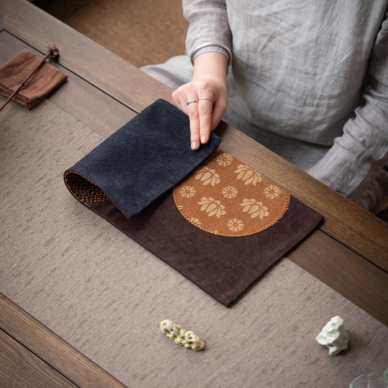 复古棉麻莲花干泡茶席桌垫加厚茶席茶杯垫茶台桌旗茶道零配件