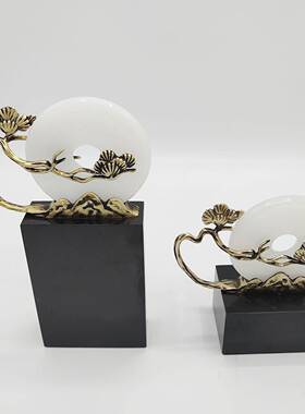 新中式玉3石平安扣摆件迎客松厅客玄黄关电视柜书桌面装饰品摆房