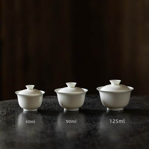 瓷涵阁 白瓷盖碗60ml/90ml/125ml 二才白色泡茶器具 德化羊脂玉瓷