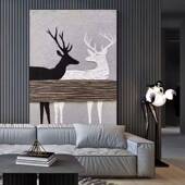 手油画福鹿体客厅玄关饰画装 抽象LUK动物艺术绘石英砂立肌理床头