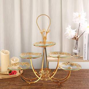 欧式 914手饰提玻璃果盘奢果工盘艺品 轻高档三层五盘水果篮花纹装