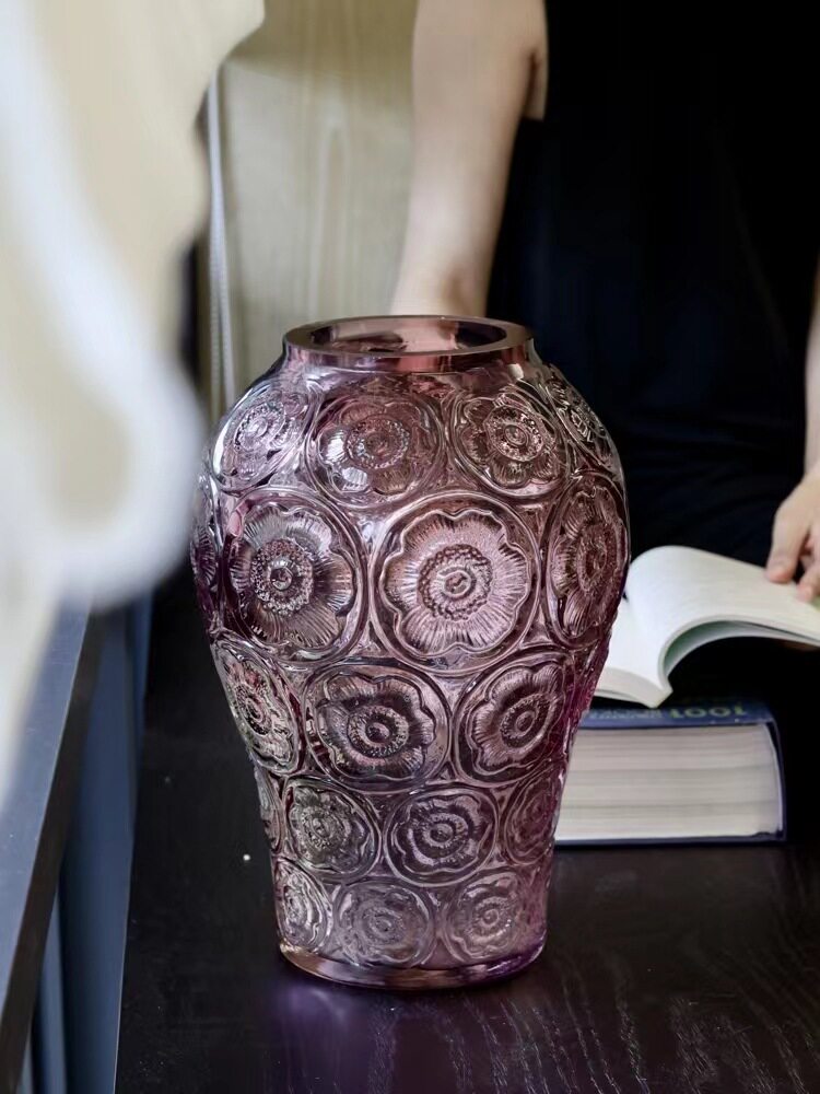 粉紫色浮雕加厚玻璃花瓶欧式轻奢透明水培艺术插花器家居软装摆件