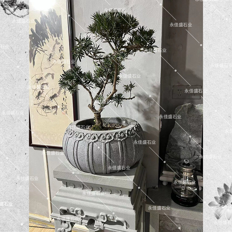 石头花钵花盆花瓶水缸新中式家居绿植盆景玄关盆栽客厅酒店户外