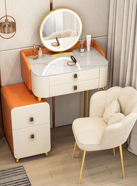 代简约轻奢台小户型梳卧室现OUS妆实木岩板化妆桌收纳柜一体奶油