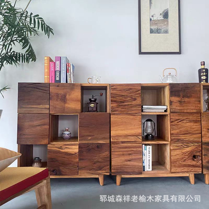 九宫格实木玄关柜卧室抽屉收纳整理柜组合方柜靠墙榆木储物柜子