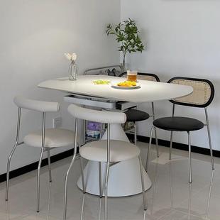 奶油风纯两白色岩板231#餐桌椅子旋方转伸缩折叠尔兹变华圆形用饭