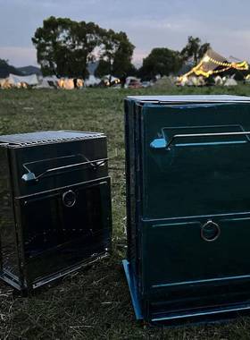 户外露12602营柴火炉锈钢折叠烧烤形炉便携加炭厚取不暖炉四方木