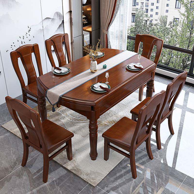 中式实木桌椅现代餐简约伸缩折新叠小户型家圆形饭桌6868666子可