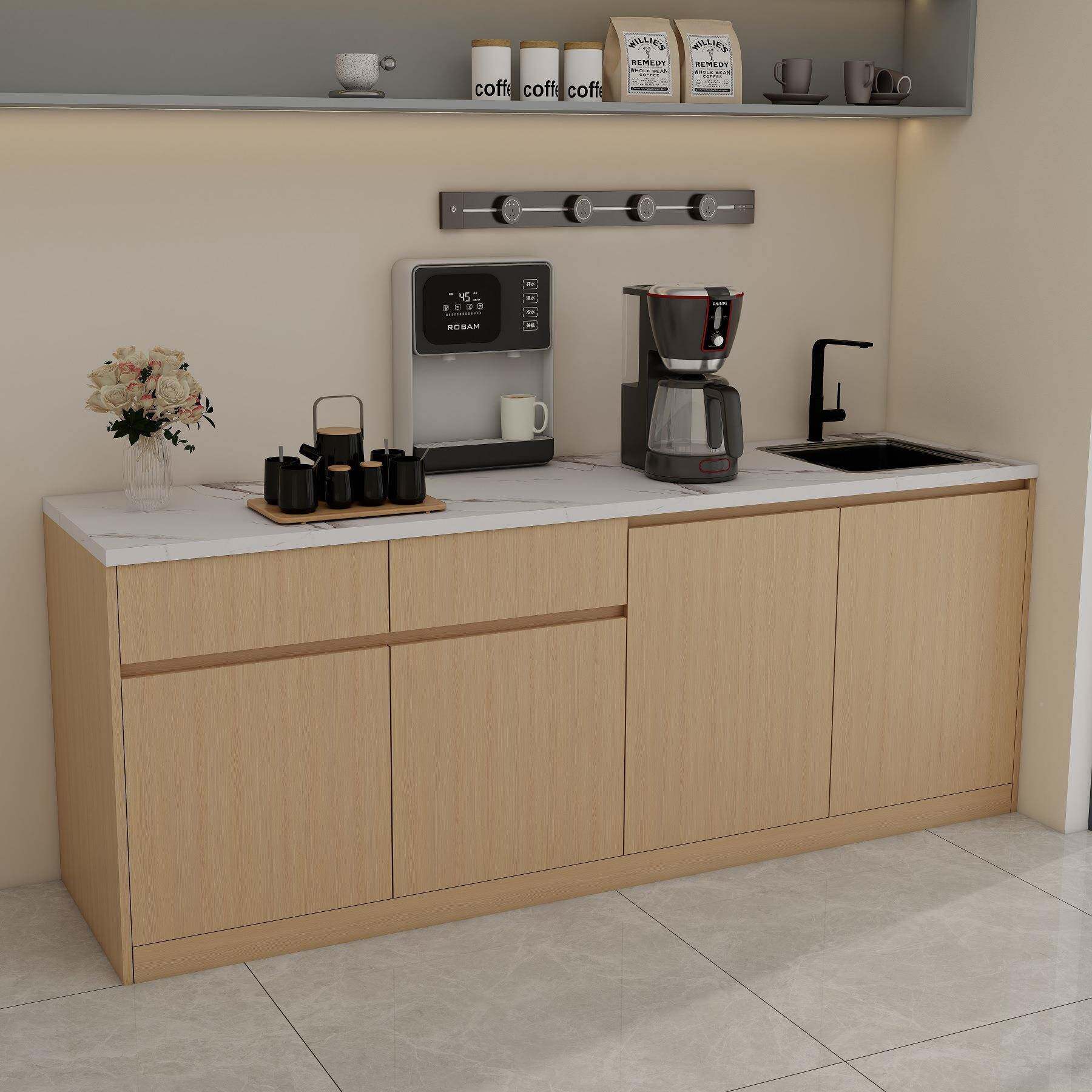 公司水吧01一石体咖柜靠茶水间柜墙啡柜大理吧台带水槽办公室洗手