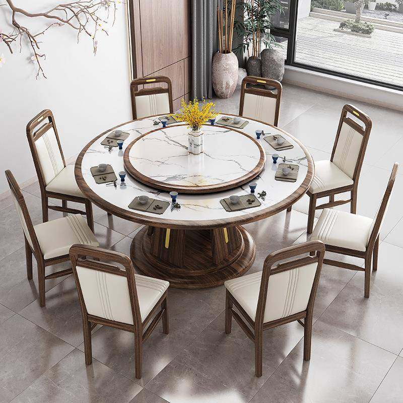 新中式乌金木实木店桌椅组合大户型酒餐厅2米圆桌.18米WJ-08#岩板