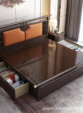 新中式实木床卧1橡.8米双人大软床现代简约木1.主5米87110全实木