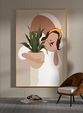 现代简约壁北欧象少女与盆栽奢玄关客厅装饰画抽背景墙insEM-1627