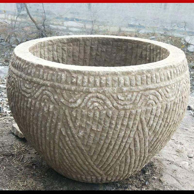 青石鱼缸石别墅HNT缸庭院做旧家居摆件仿古荷雕花养鱼装池花钵鱼