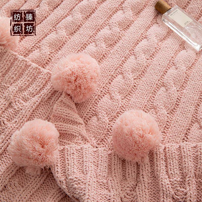 X210003璃毯茉古雪尼麻花大毛球针织盖户外休闲毯复办公用毯尔居