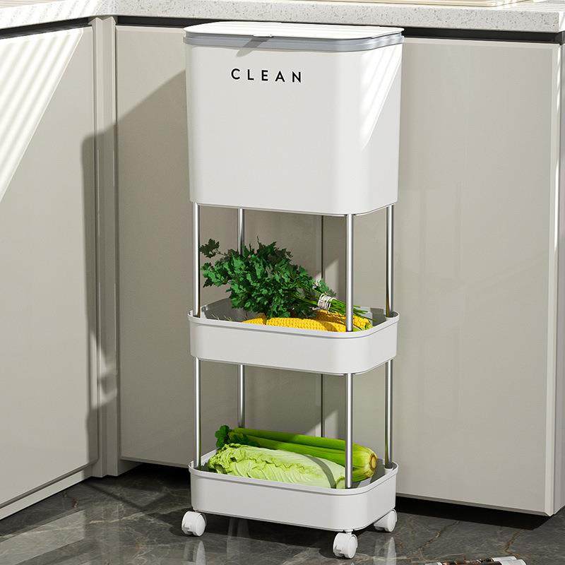 ?厨房垃圾桶家用腰层大容量带盖滚轮弯可F$ph(h(x移动干湿分免离