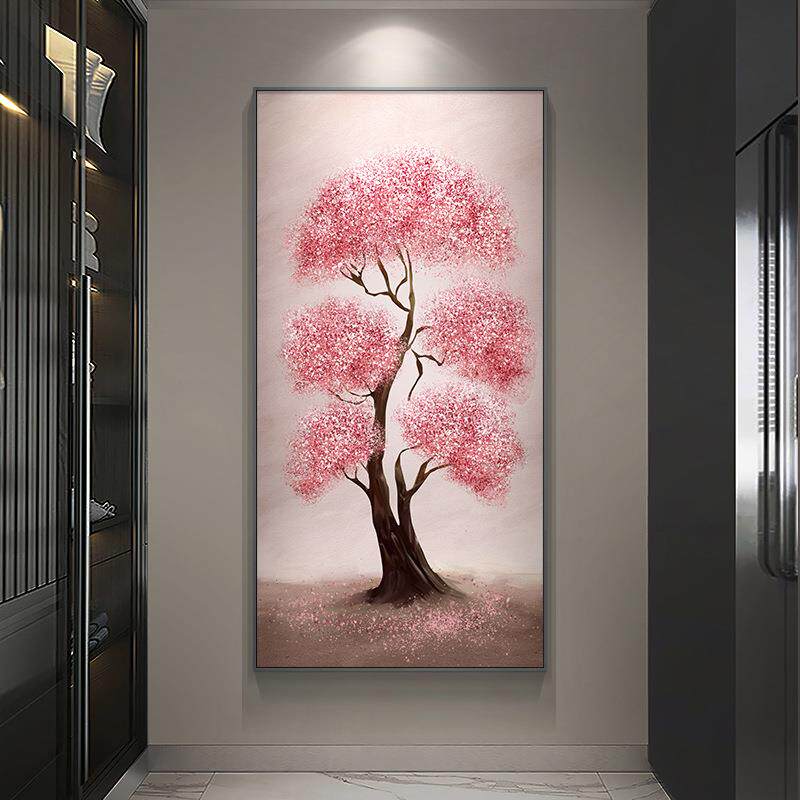 绘玄关挂画发财树楼走廊尽竖头装饰画大手芬财源福树村油画粉色版