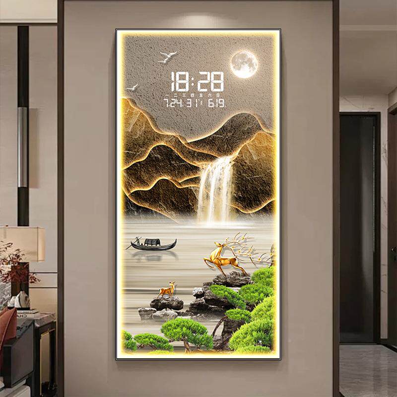 入轻奢ledXY850823灯迎客山水户玄关饰画带电装子时钟走廊过道壁