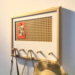 ?藤编Fh($p$p#表电箱遮挡装饰画带挂衣钩原木配电电箱挂衣架体软