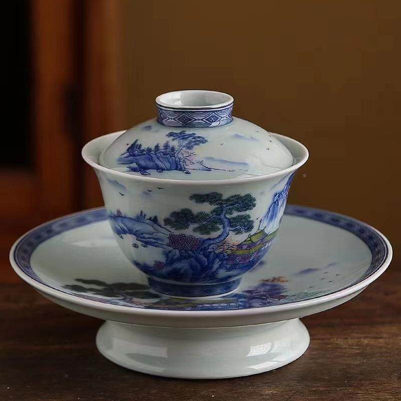仿古陶瓷复古风碗中式青花瓷三才盖茶手工坯风喝老笑容-0茶碗宫廷