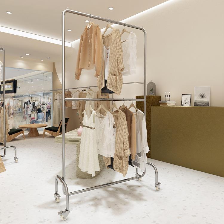 服装店锈钢拉银色展示带架双层落地丝男女童装升降调节不轮93543
