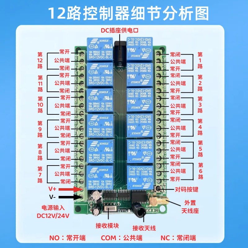 12路无线遥控开关12V24V220V多功能12L路水泵电机配电柜接收控制