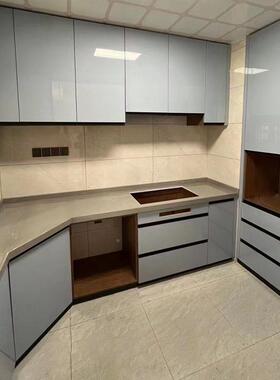 理现代厨简约晶钢门CQP整体房橱约柜定制简大石灶台木质厨房柜子