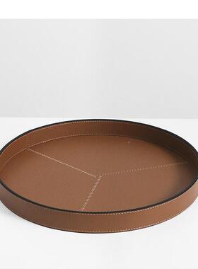 简代米色橘色几现何极圆形托盘高档皮收纳盘样板间装质TRC饰品摆